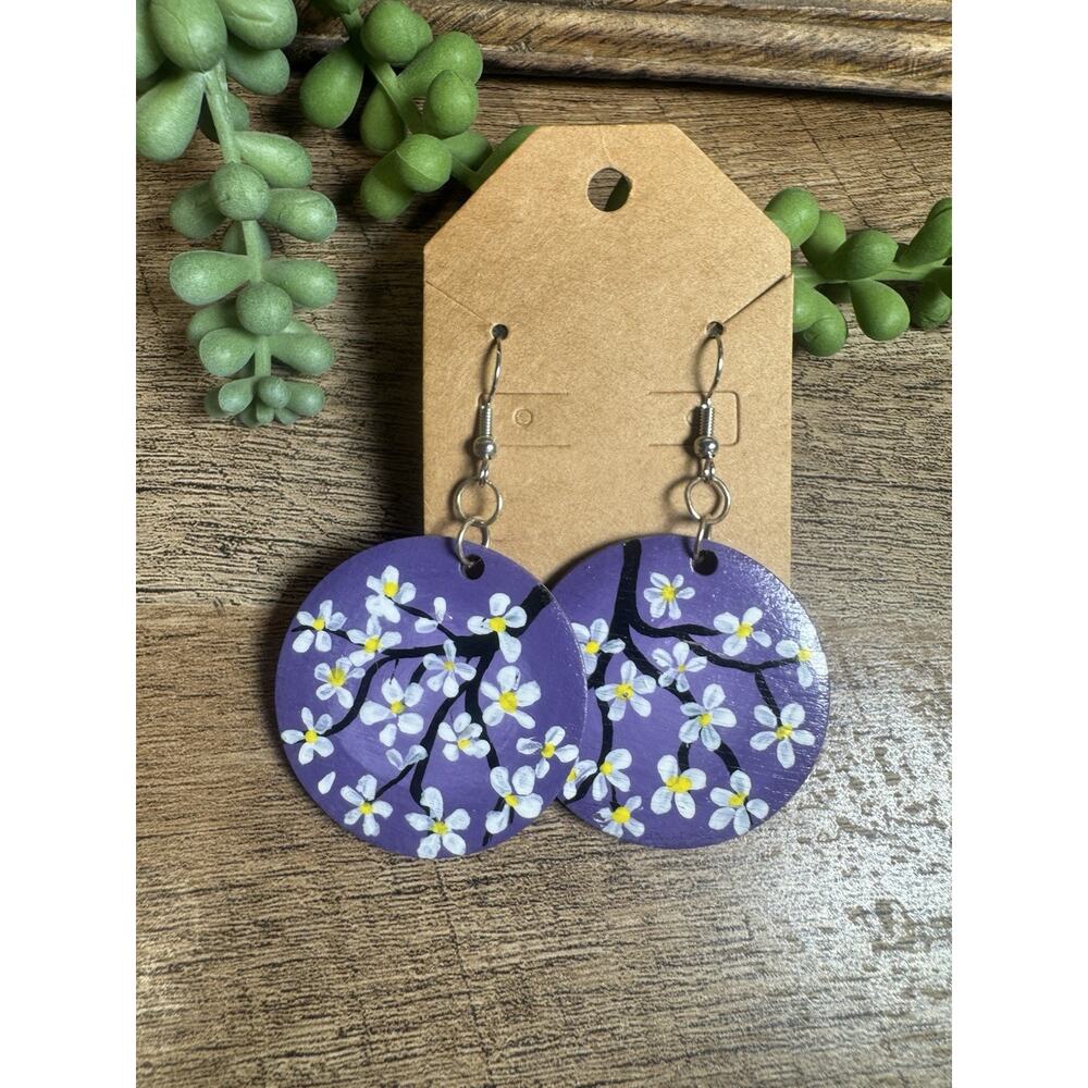 1 Pair Laser Cut Handpainted Wooden Dangle Earrings Boho Style Cherry Blossoms